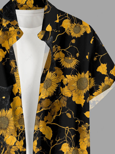 Gothic Plus Size Sunflower Leaf Branch Print Button Pocket Shirt For Men
