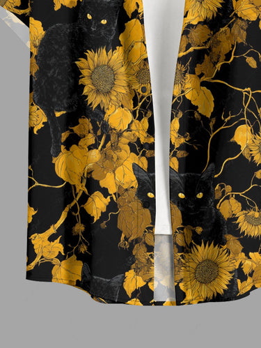 Gothic Plus Size Sunflower Leaf Branch Print Button Pocket Shirt For Men