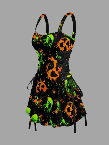 Gothic Skull Drop Print Lace Up A Line Dress