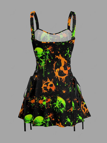 Gothic Skull Drop Print Lace Up A Line Dress