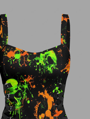 Gothic Skull Drop Print Lace Up A Line Dress