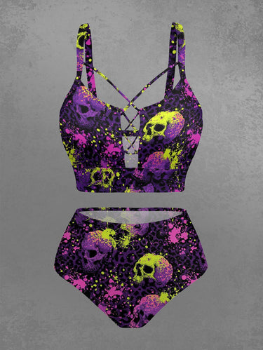 Gothic Paint Drop Leopard Skull Print Lace Up Tankini Swimsuit