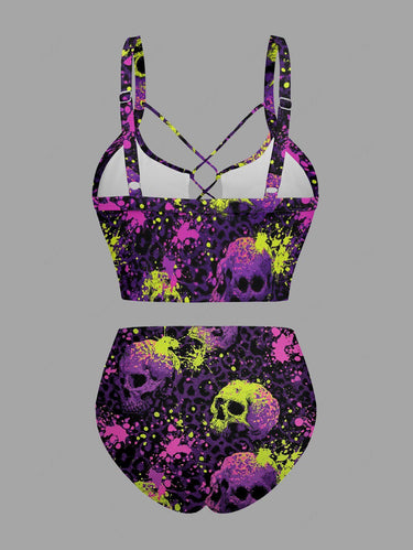 Gothic Paint Drop Leopard Skull Print Lace Up Tankini Swimsuit