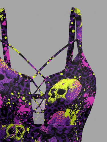 Gothic Paint Drop Leopard Skull Print Lace Up Tankini Swimsuit