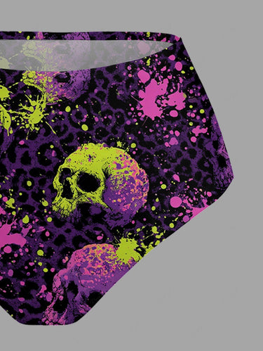 Gothic Paint Drop Leopard Skull Print Lace Up Tankini Swimsuit