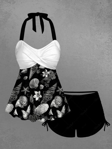 Gothic Conch Shell Hibiscus Flower Print Twist Halter Cinched Boyleg Tankini Swimsuit
