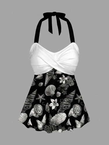 Gothic Conch Shell Hibiscus Flower Print Twist Halter Cinched Boyleg Tankini Swimsuit