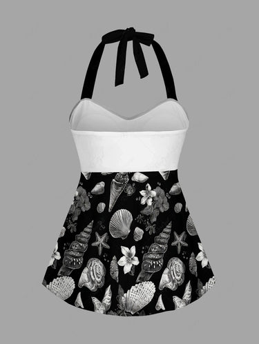 Gothic Conch Shell Hibiscus Flower Print Twist Halter Cinched Boyleg Tankini Swimsuit