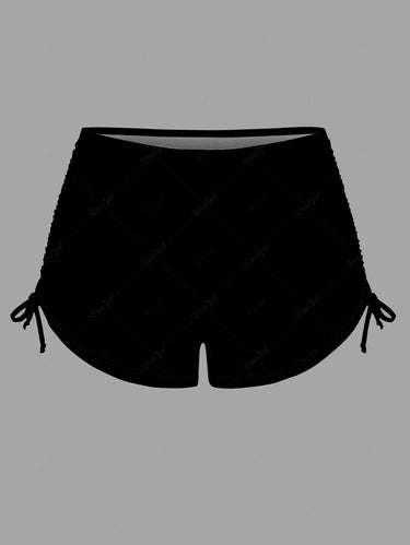 Gothic Conch Shell Hibiscus Flower Print Twist Halter Cinched Boyleg Tankini Swimsuit