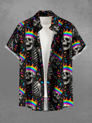 Gothic Plus Size Skull Skeleton Crown Print Button Pocket Shirt For Men