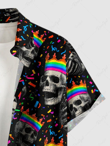 Gothic Plus Size Skull Skeleton Crown Print Button Pocket Shirt For Men