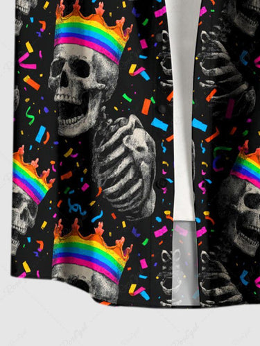 Gothic Plus Size Skull Skeleton Crown Print Button Pocket Shirt For Men