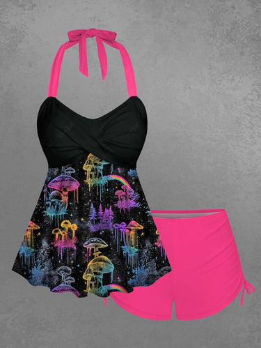 Gothic Mushroom Rainbow Print Twist Halter Backless Cinched Boyleg Tankini Swimsuit