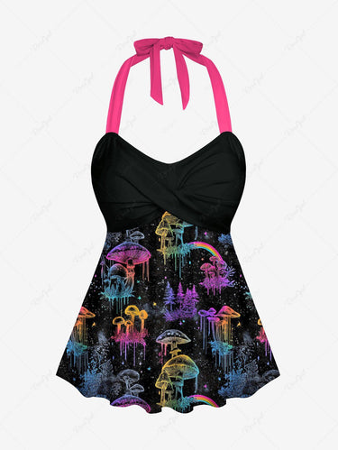Gothic Mushroom Rainbow Print Twist Halter Backless Cinched Boyleg Tankini Swimsuit