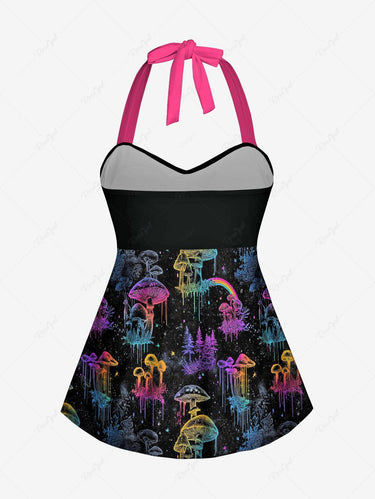 Gothic Mushroom Rainbow Print Twist Halter Backless Cinched Boyleg Tankini Swimsuit