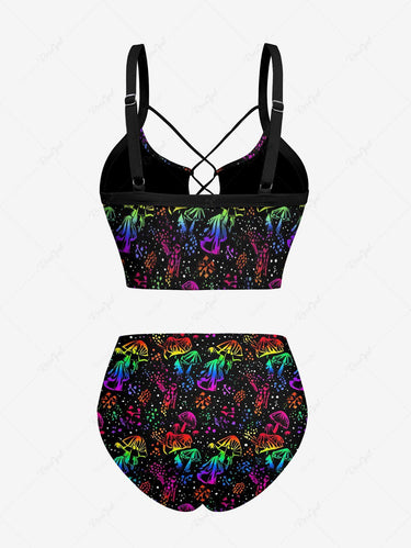 Gothic Colorful Mushroom Spotted Print Lace Up Tankini Swimsuit