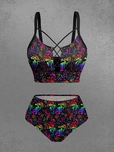 Gothic Colorful Mushroom Spotted Print Lace Up Tankini Swimsuit