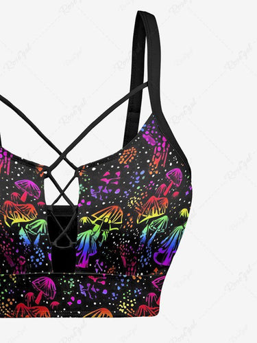 Gothic Colorful Mushroom Spotted Print Lace Up Tankini Swimsuit