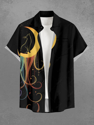Gothic Plus Size Moon Cat Print Button Pocket Shirt For Men