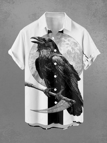 Gothic Plus Size Crow Sickle Moon Print Button Pocket Shirt For Men