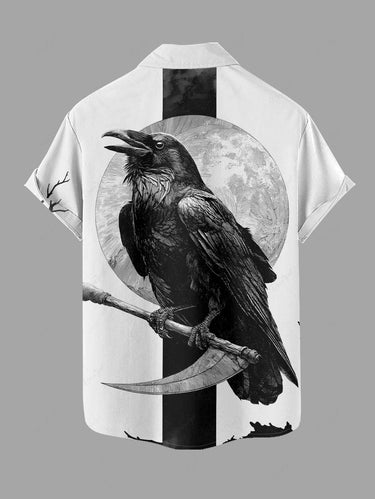 Gothic Plus Size Crow Sickle Moon Print Button Pocket Shirt For Men