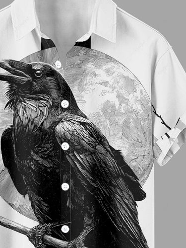 Gothic Plus Size Crow Sickle Moon Print Button Pocket Shirt For Men