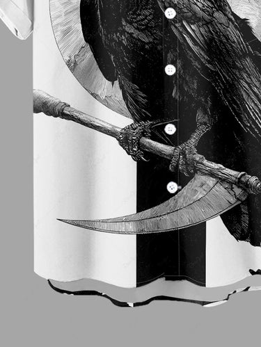 Gothic Plus Size Crow Sickle Moon Print Button Pocket Shirt For Men