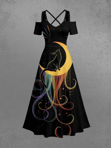Gothic Plus Size Moon Cat Print Cold Shoulder Crisscross Strappy A Line Maxi Dress