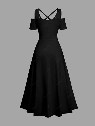 Gothic Plus Size Moon Cat Print Cold Shoulder Crisscross Strappy A Line Maxi Dress