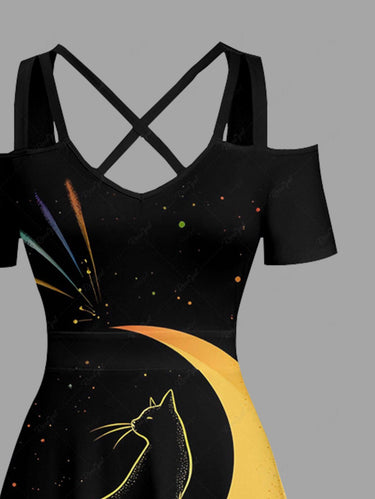 Gothic Plus Size Moon Cat Print Cold Shoulder Crisscross Strappy A Line Maxi Dress