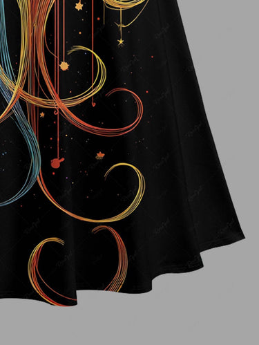 Gothic Plus Size Moon Cat Print Cold Shoulder Crisscross Strappy A Line Maxi Dress