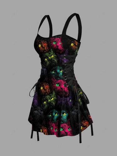 Gothic Cat Print Lace Up A Line Dress