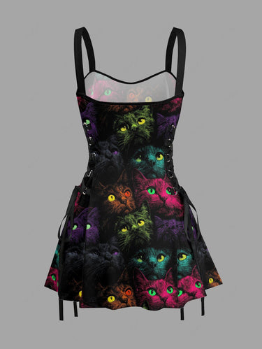 Gothic Cat Print Lace Up A Line Dress