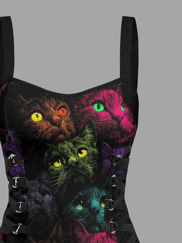Gothic Cat Print Lace Up A Line Dress