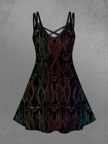 Gothic Plus Size Cat Beard Print Crisscross Strappy A Line Cami Dress