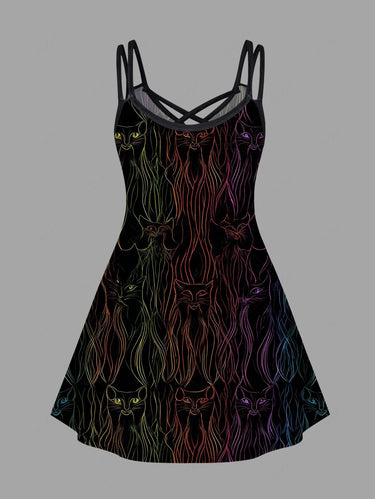 Gothic Plus Size Cat Beard Print Crisscross Strappy A Line Cami Dress