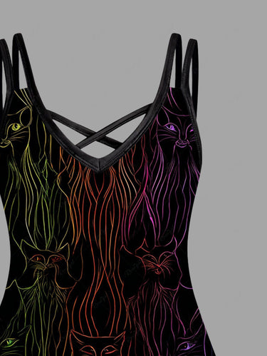 Gothic Plus Size Cat Beard Print Crisscross Strappy A Line Cami Dress