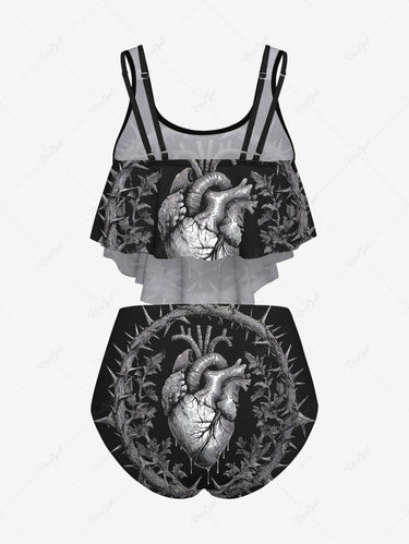 Gothic Heart Thorn Print Peplum Hem Tankini Swimsuit (Adjustable Shoulder Strap)
