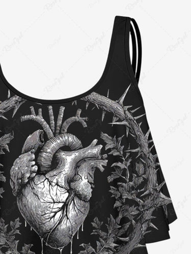 Gothic Heart Thorn Print Peplum Hem Tankini Swimsuit (Adjustable Shoulder Strap)