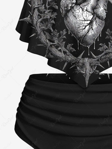 Gothic Heart Thorn Print Peplum Hem Tankini Swimsuit (Adjustable Shoulder Strap)