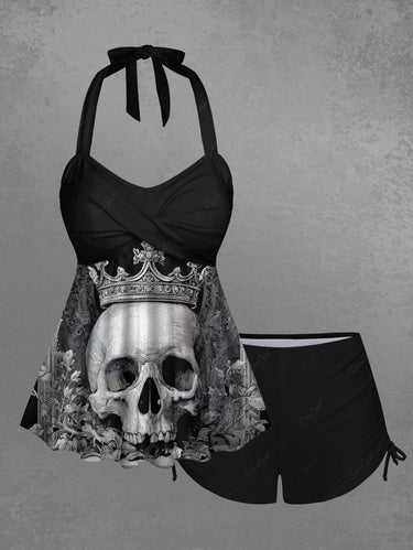 Gothic Skull Crown Print Twist Halter Backless Cinched Boyleg Tankini Swimsuit