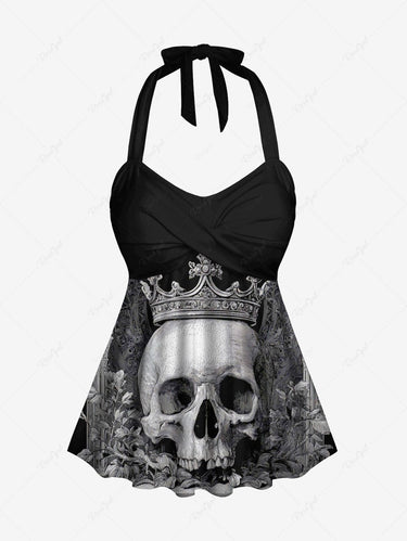 Gothic Skull Crown Print Twist Halter Backless Cinched Boyleg Tankini Swimsuit