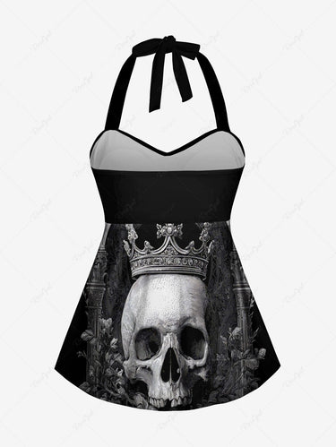 Gothic Skull Crown Print Twist Halter Backless Cinched Boyleg Tankini Swimsuit