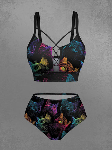 Gothic Cat Print Lace Up Tankini Swimsuit (Adjustable Shoulder Strap)