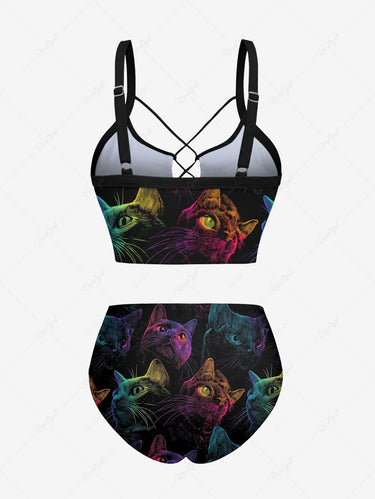 Gothic Cat Print Lace Up Tankini Swimsuit (Adjustable Shoulder Strap)