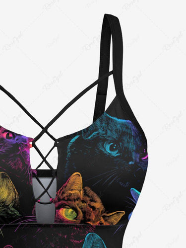 Gothic Cat Print Lace Up Tankini Swimsuit (Adjustable Shoulder Strap)