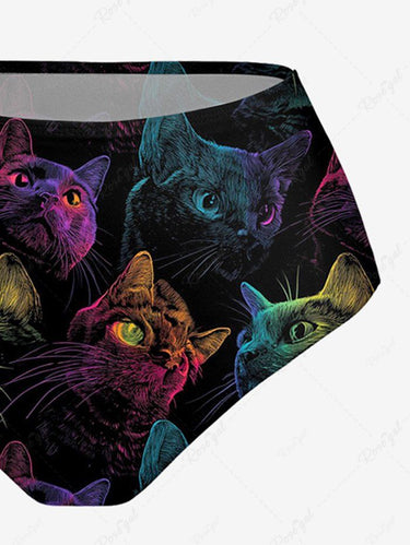 Gothic Cat Print Lace Up Tankini Swimsuit (Adjustable Shoulder Strap)