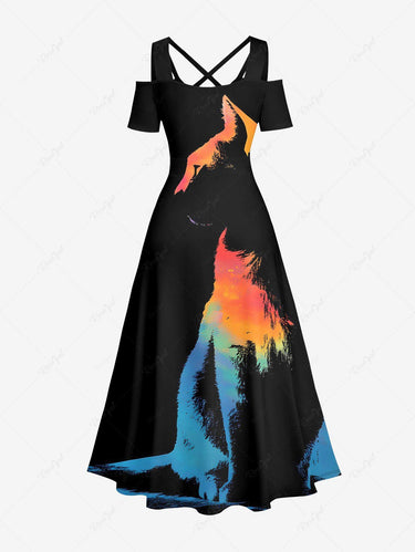 Gothic Plus Size Cat Silhouette Print Cold Shoulder Crisscross Strappy A Line Maxi Dress