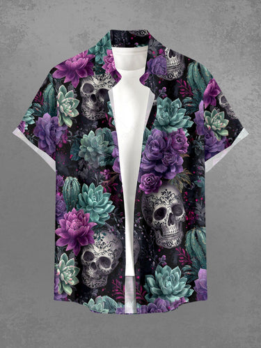 Gothic Plus Size Skulls Succulent Plant Flower Print Button Pocket Shirt For Men