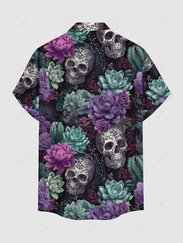 Gothic Plus Size Skulls Succulent Plant Flower Print Button Pocket Shirt For Men